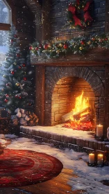 Snow-dusted hearthside Christmas glow in a storybook cabin.