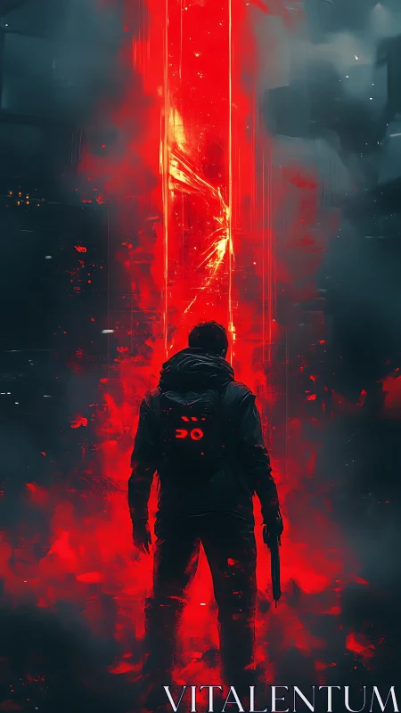 Lone figure stands before vertical red energy portal