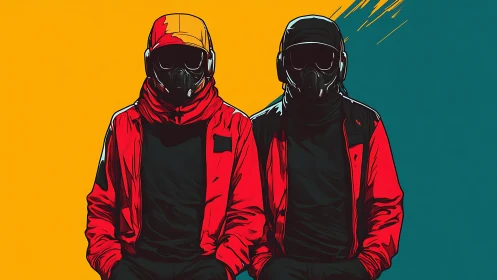 Two masked figures in red jackets stand against split background