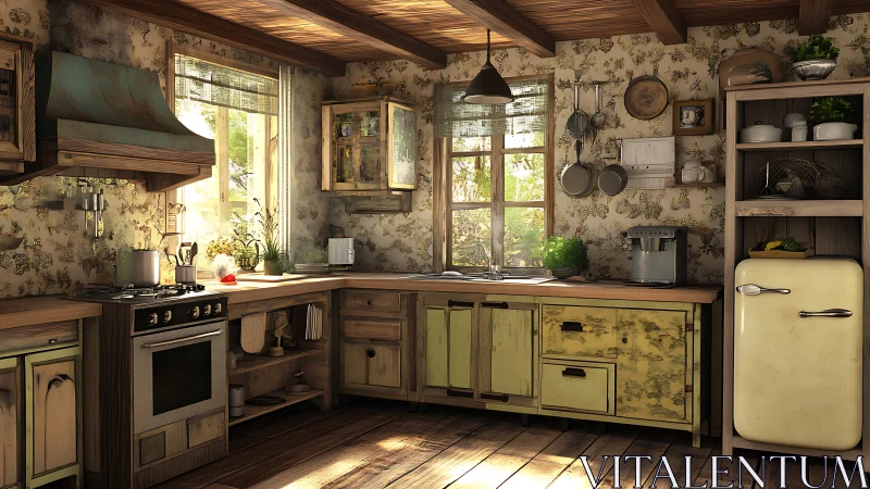 Sunlit rustic kitchen interior with aged wood cabinetry and decor