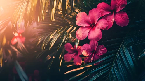 Tropical Hibiscus Blooms Illuminated by Golden Hour Sunlight.