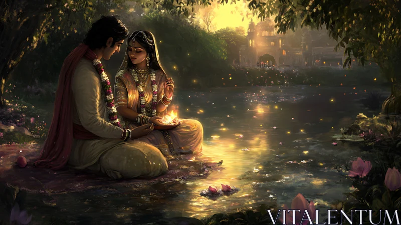 Ritual riverbank lovers with bioluminescent diya reflections.