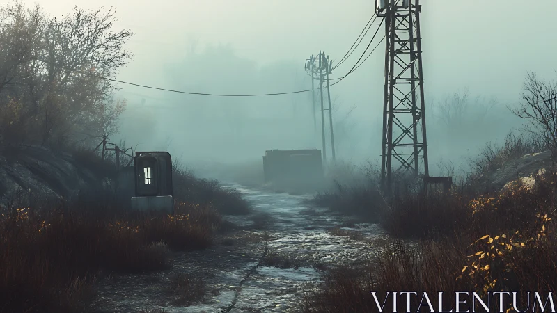 Quiet misty roadside with power lines and autumn brush.