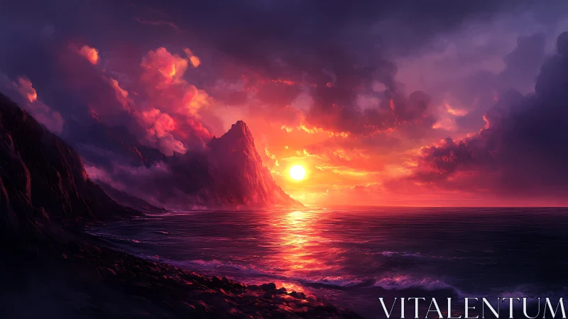 Coastal mountain shoreline under vivid digital sunset light.