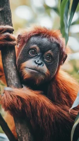 Close-up portrait of juvenile orangutan clinging to tree trunk