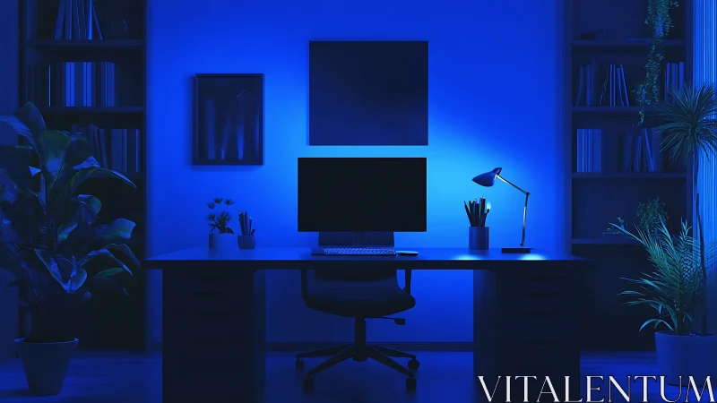 Modern blue-lit home office desk with monitor and plants.