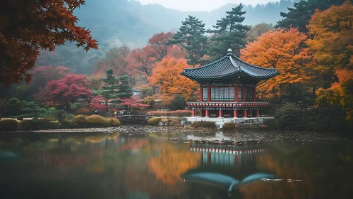 Serene Korean pavilion mirrors autumn colors across still lake