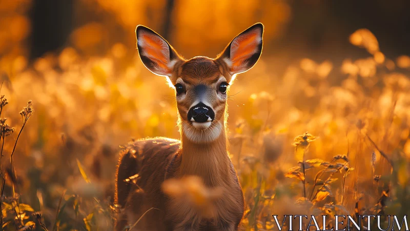 Young deer stands in sharp focus against golden bokeh field