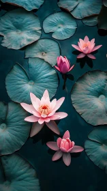 Pink Water Lilies Floating Among Teal Lily Pads.