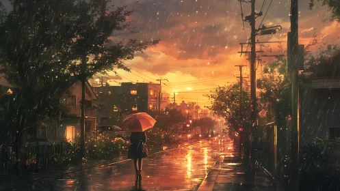 Solitary figure walks along rainy city street at sunset