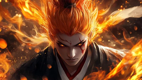 Fiery-haired warrior portrait is framed by surrounding flames