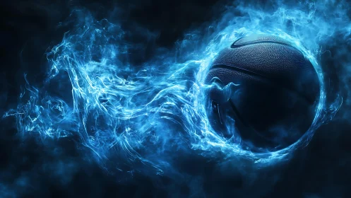 Electric blue flames swirl around a dramatic basketball sphere