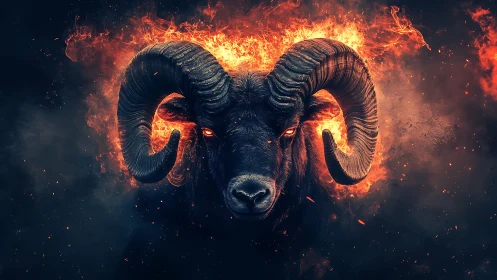 Fiery horned ram head centered in dark burning scene.