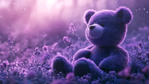 Volumetric lit plush bear rendered in shallow depth lavender field