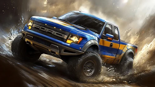 Blue off road pickup truck powers through muddy water.