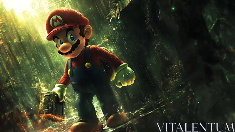 Brave plumber strides through a glowing, rain soaked jungle