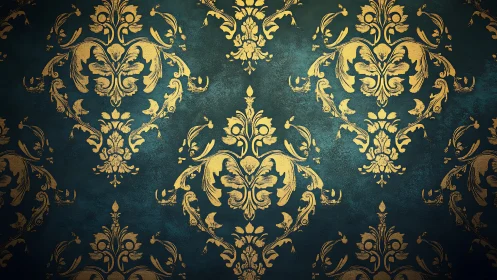 Ornate gold damask pattern on dark teal textured background.