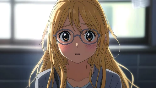 Blonde anime girl with glasses stares ahead in quiet shock.