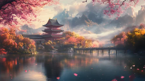 Serene pagoda landscape renders misty mountains in spring light