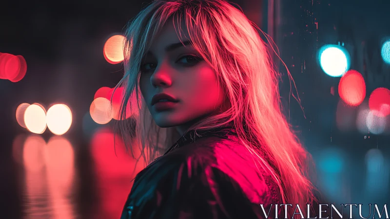 Woman in neon-lit urban night scene with reflective jacket.