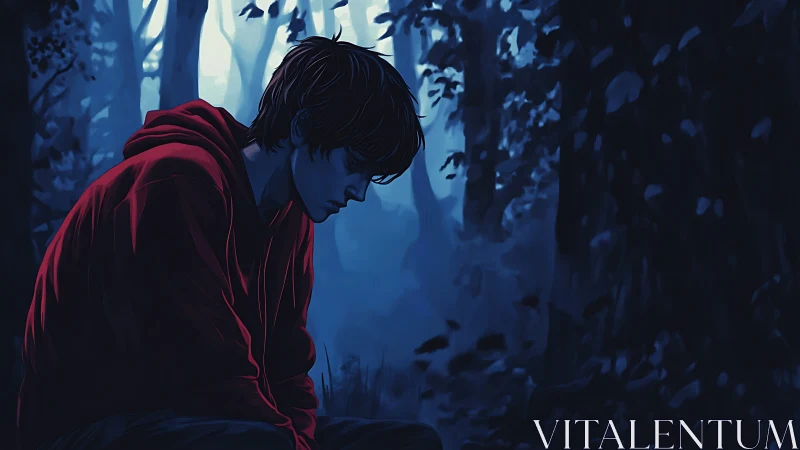 Quiet boy in red hoodie resting in a deep blue forest night.