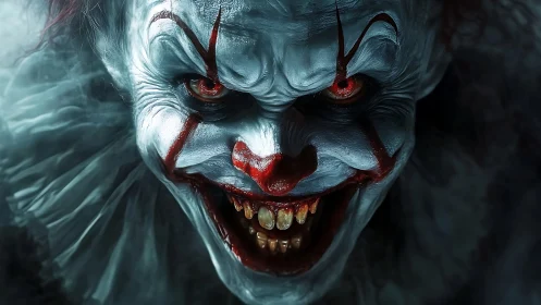 Grinning nightmare clown leans in, devouring the spotlight