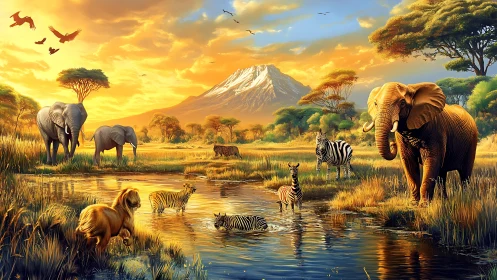 Sunlit savanna wildlife at waterhole before distant peak.