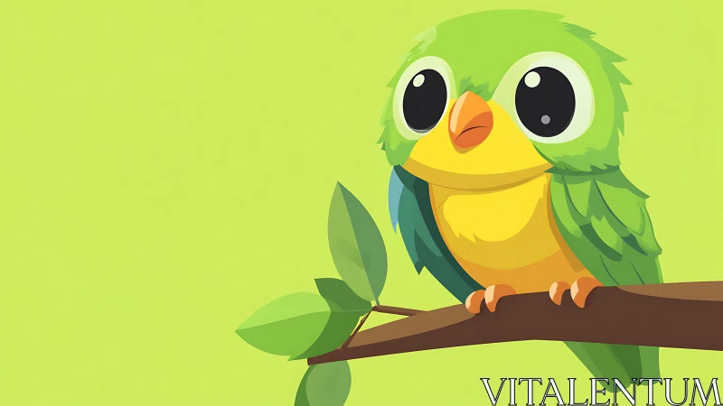 Cute cartoon green and yellow bird perched on branch, flat style.