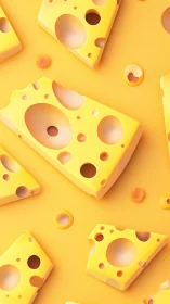 Playful Swiss cheese wedges float on a bright yellow backdrop