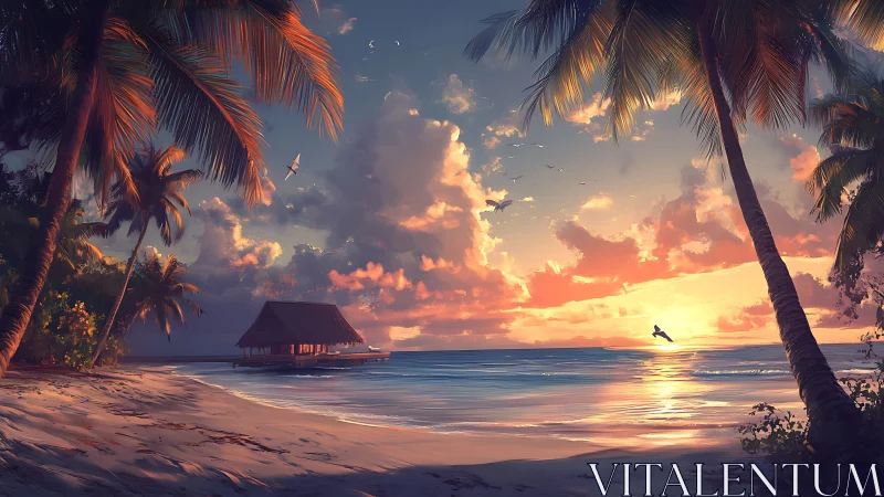 Tropical beach sunset with overwater structure and palm framing elements.