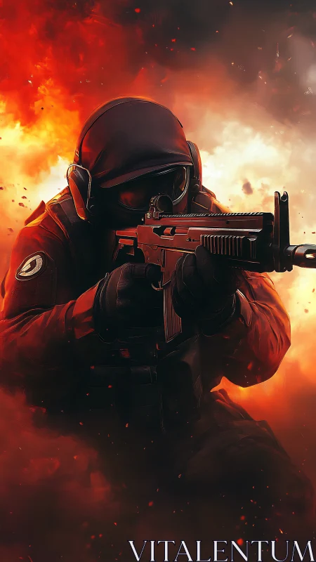 Tactical soldier advances through blazing inferno with rifle.