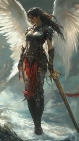 Winged armored figure stands in turbulent coastal water