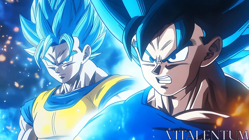 Dual blue-haired anime warriors in energized battle aura