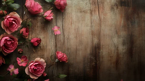 Pink Roses on Weathered Wood Background.