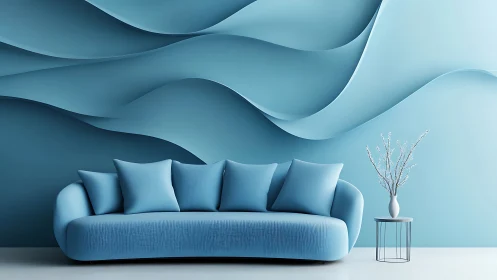Blue sofa with abstract layered wall in interior scene.