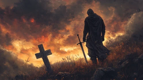 Stormlit wanderer pauses by a lonely grave of forgotten courage