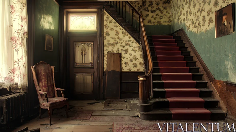 Decaying vintage staircase holds echoes of a vanished era.