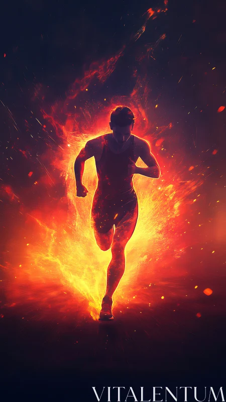 Silhouetted runner in fiery abstract motion field.