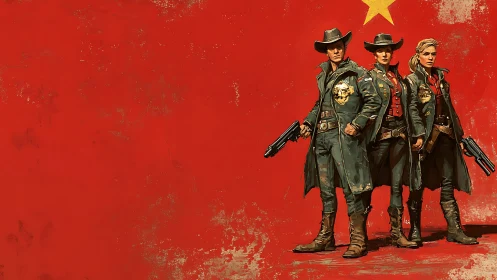 Triumphant gunslingers stand defiant against a bold red banner