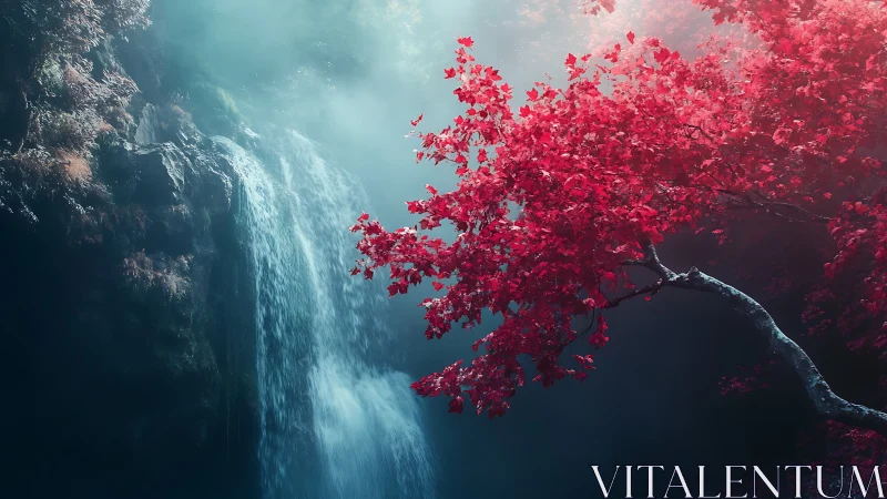 Crimson maple crowns a misty blue waterfall in tranquil light