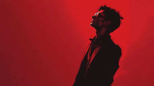 Silhouetted man in profile stands against flat red background