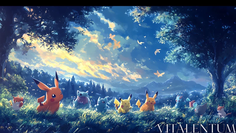 Pokemon rest under glowing twilight sky in lush meadow
