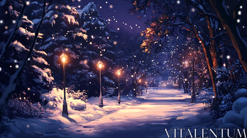 Snow-covered pathway extends under lampposts at night