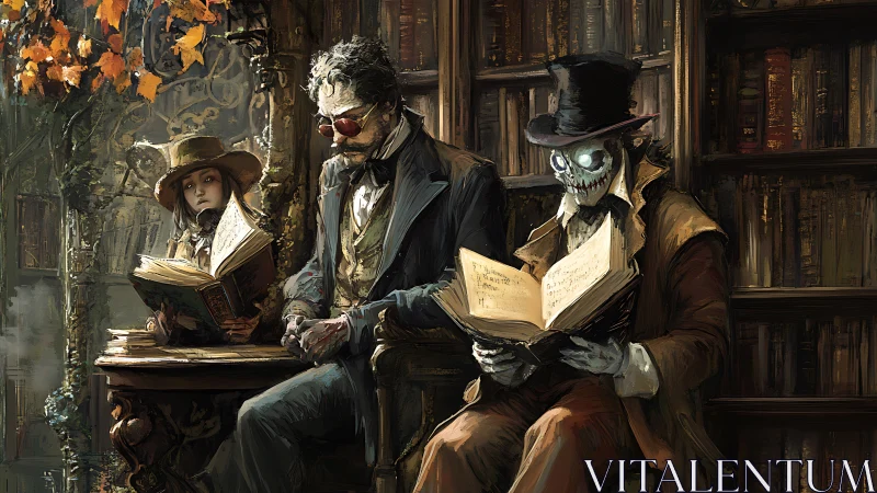 Victorian occult readers in dim library with skeletal specter