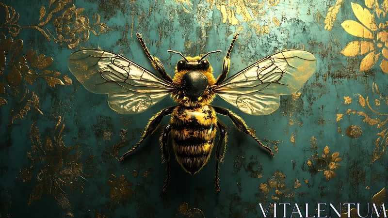 Golden honeybee resting on teal floral metal backdrop.