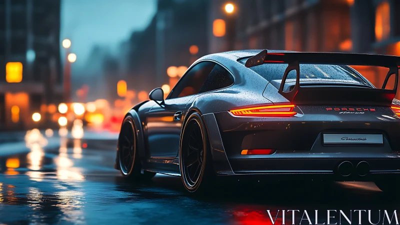 Rear-angle sports coupe rendered in cinematic wet-street lighting