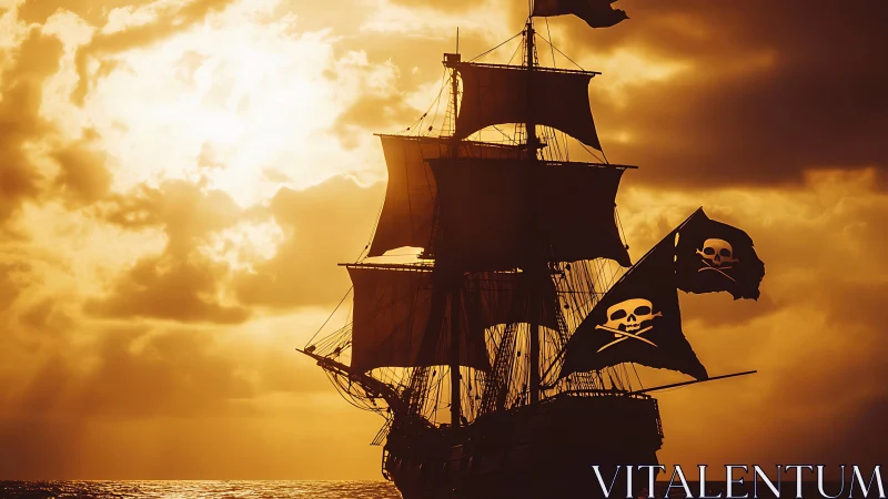 Pirate galleon cuts across a blazing golden sunset sky