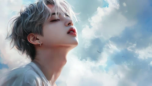 Youthful figure exhales softly beneath expansive summer sky