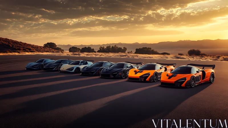 Sunset hypercar phalanx ignites a desert runway in silence.