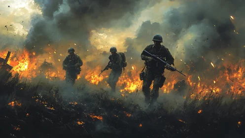 Soldiers advancing through intense flames and smoke in combat
